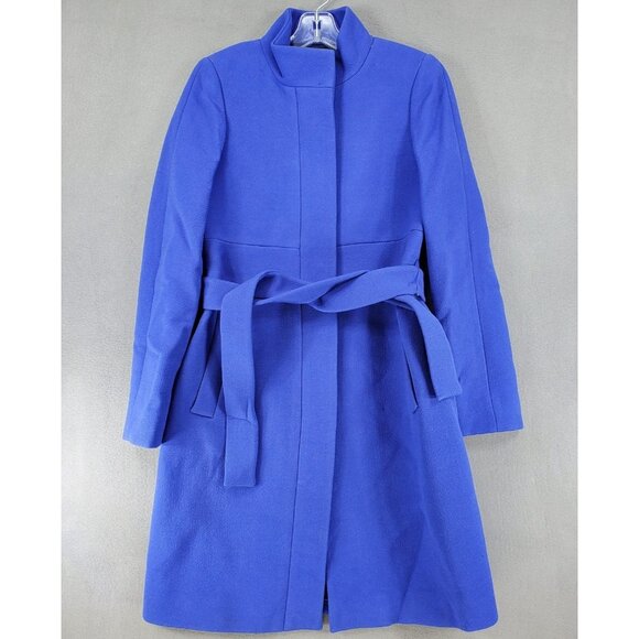 J.Crew Double Cloth Coat Size 4 Italian Fabric Preppy Funnel Lady Belted Blue - Picture 1 of 9